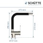 Schütte Spültischarmatur Rio, Edelstahloptik/Schwarz Matt, mit Maßangaben.