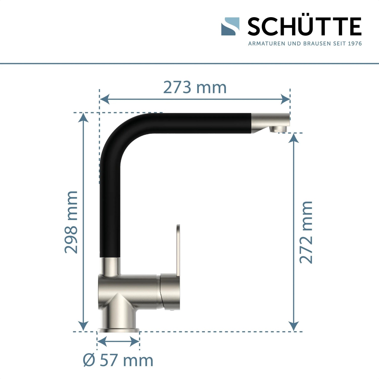 Schütte Spültischarmatur Rio, Edelstahloptik/Schwarz Matt, mit Maßangaben.