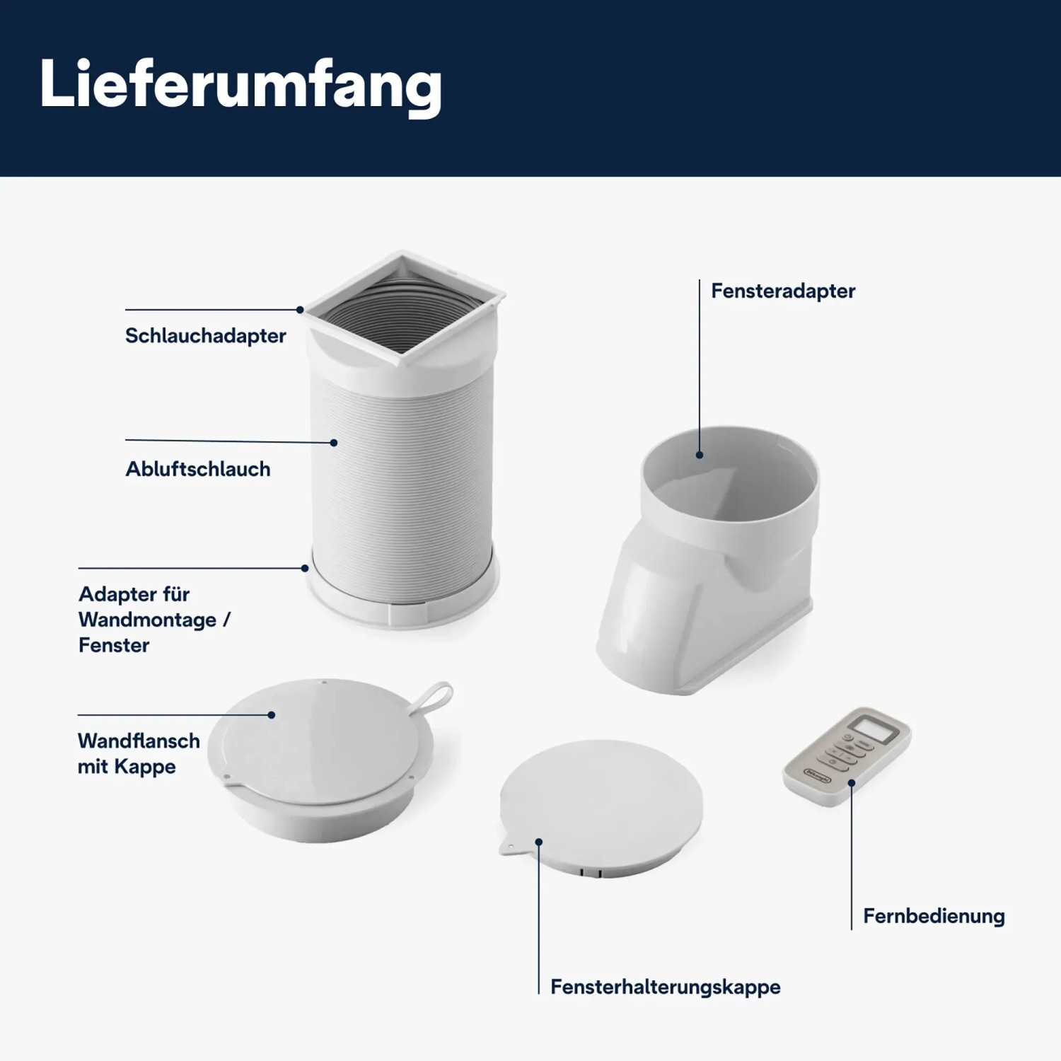 Zubehör für DeLonghi Pinguino Compact Klimagerät: Abluftschlauch, Adapter, Fernbedienung.