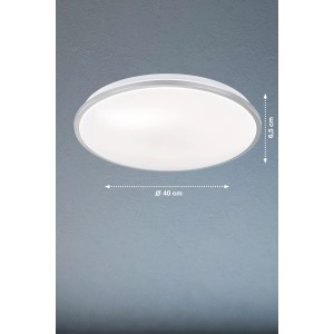 Runde, dimmbare LED-Deckenleuchte Jaso in Weiß-Silber, 40 cm Durchmesser.