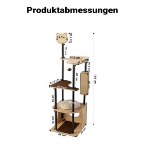 Fudajo Kratzbaum aus Metall und hellem Holz mit Sisal-Kratzbrett, mehreren Liegeflächen, Katzenhöhle und Kissen. Maße: 48x48x168 cm.