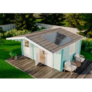 Alpholz Gartenhaus Brüssel ISO mit Solaranlage, hellblau, mit Terrasse und Gartenmöbeln.
