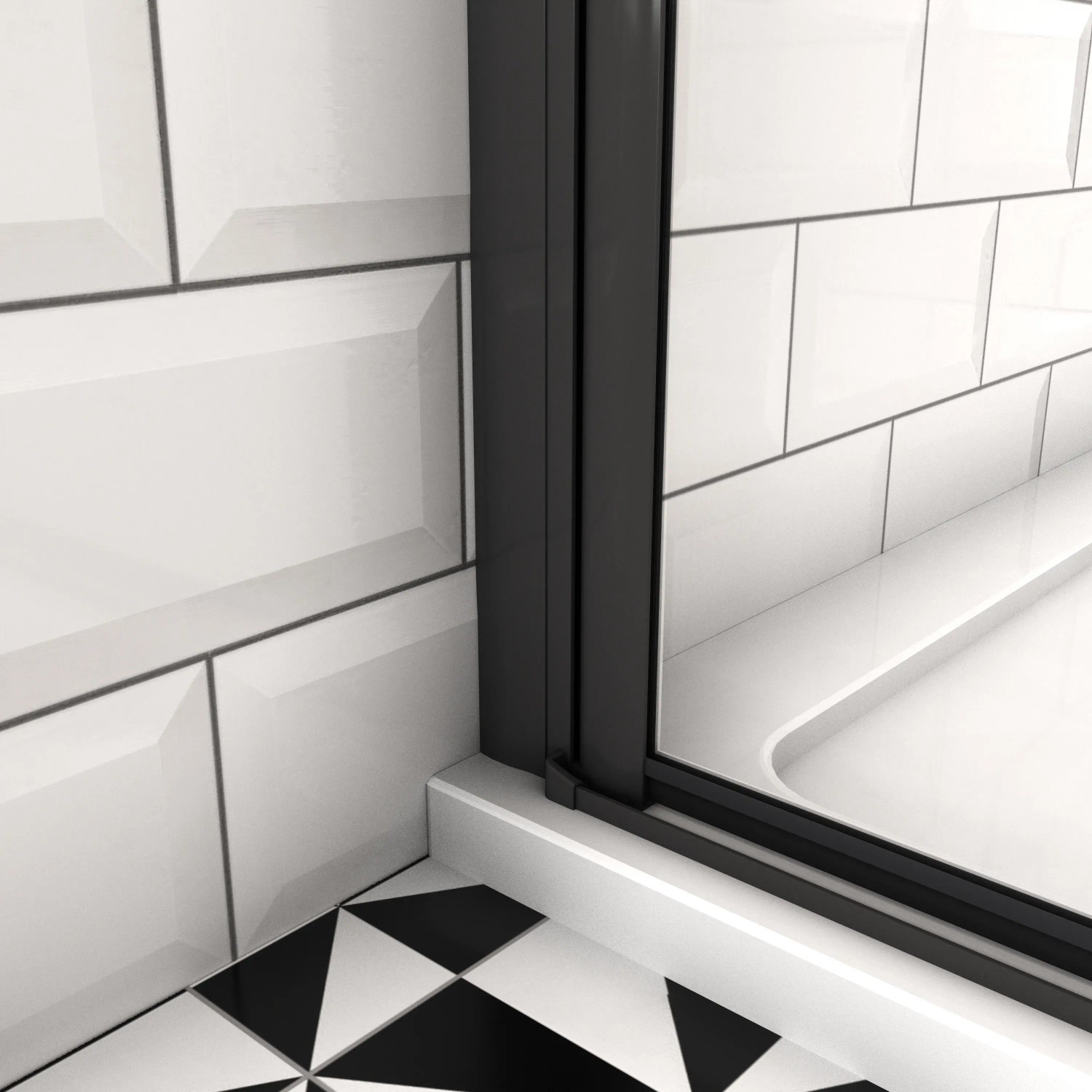 Schwarzes mattes Profil der AICA Walk-In Duschabtrennung Falttür, 6mm ESG Glas, auf schwarz-weißem Fliesenboden.