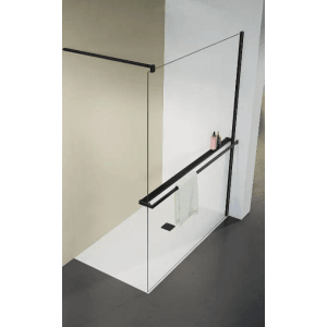 Schwarzes Duschregal mit Handtuchhalter für Walk-in Dusche.