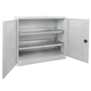 Offener, hellgrauer PROREGAL Gefahrstoffschrank (100x100x50 cm) mit zwei Einlegeböden.