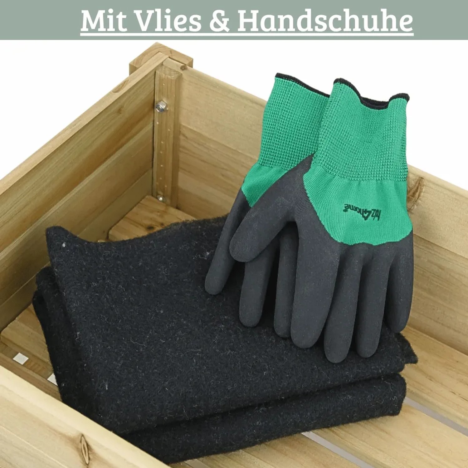Detailaufnahme: DELUKE Hochbeet mit Vlies und Gartenhandschuhen im Blumenkasten.