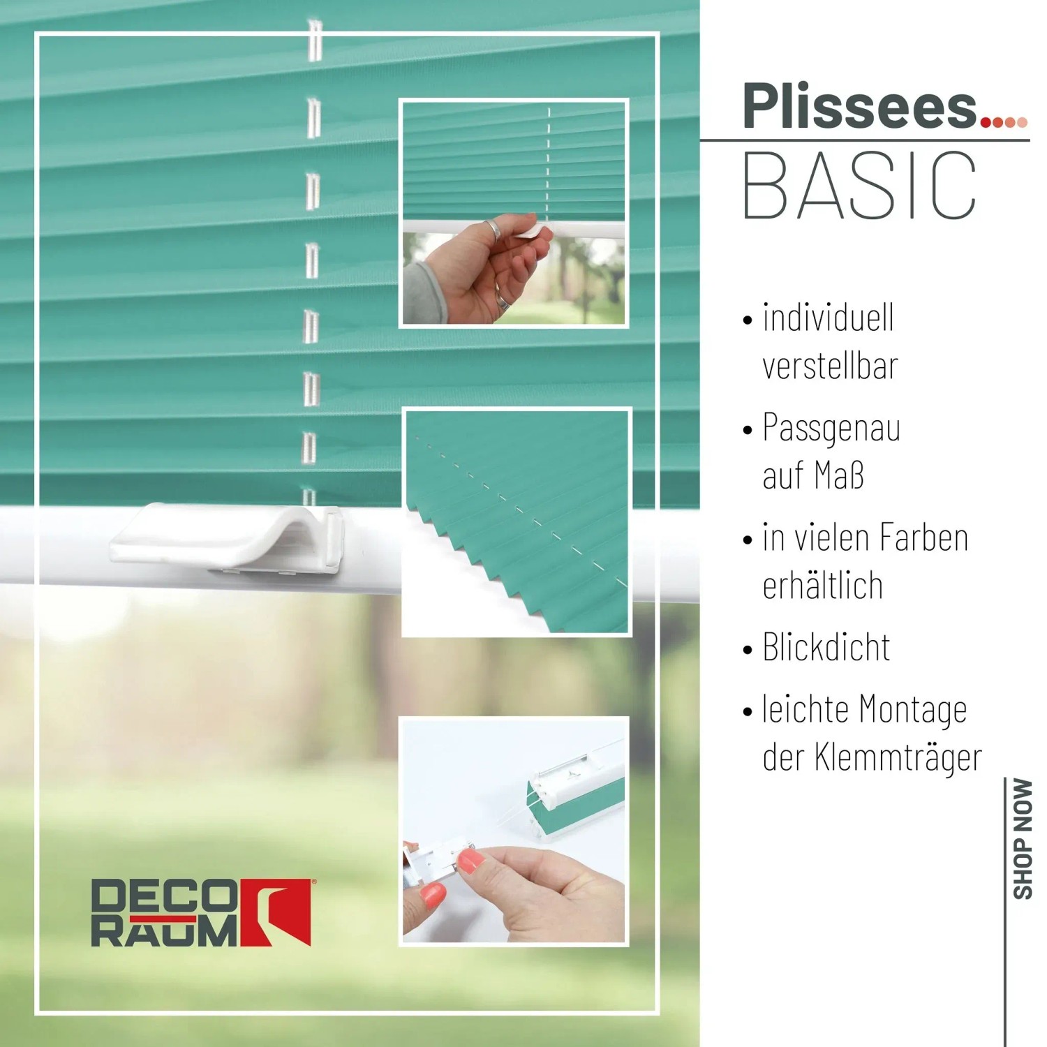 Türkisfarbenes Deco-Raum Plissee Basic 90x210cm, blickdicht und ohne Bohren montierbar.