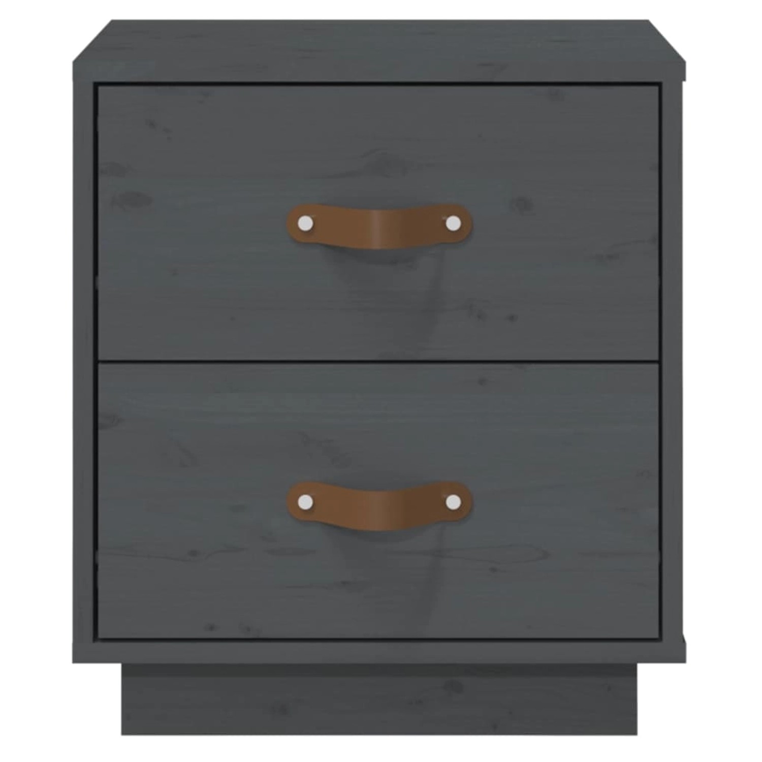 Grauer vidaXL Nachttisch aus Kiefernholz mit 2 Schubladen und Ledergriffen.