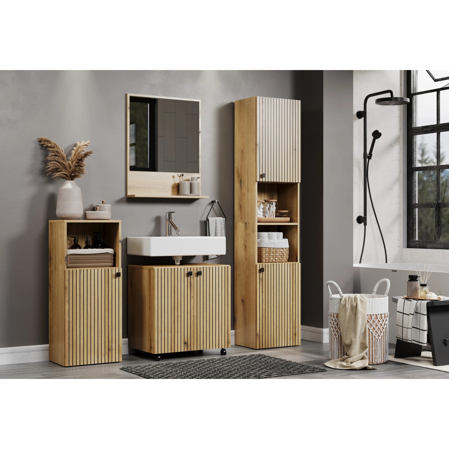 Trendteam Hochschrank Pure Bliss in Artisan Eiche mit gefrästen Rillen, Teil einer Badezimmer-Serie.