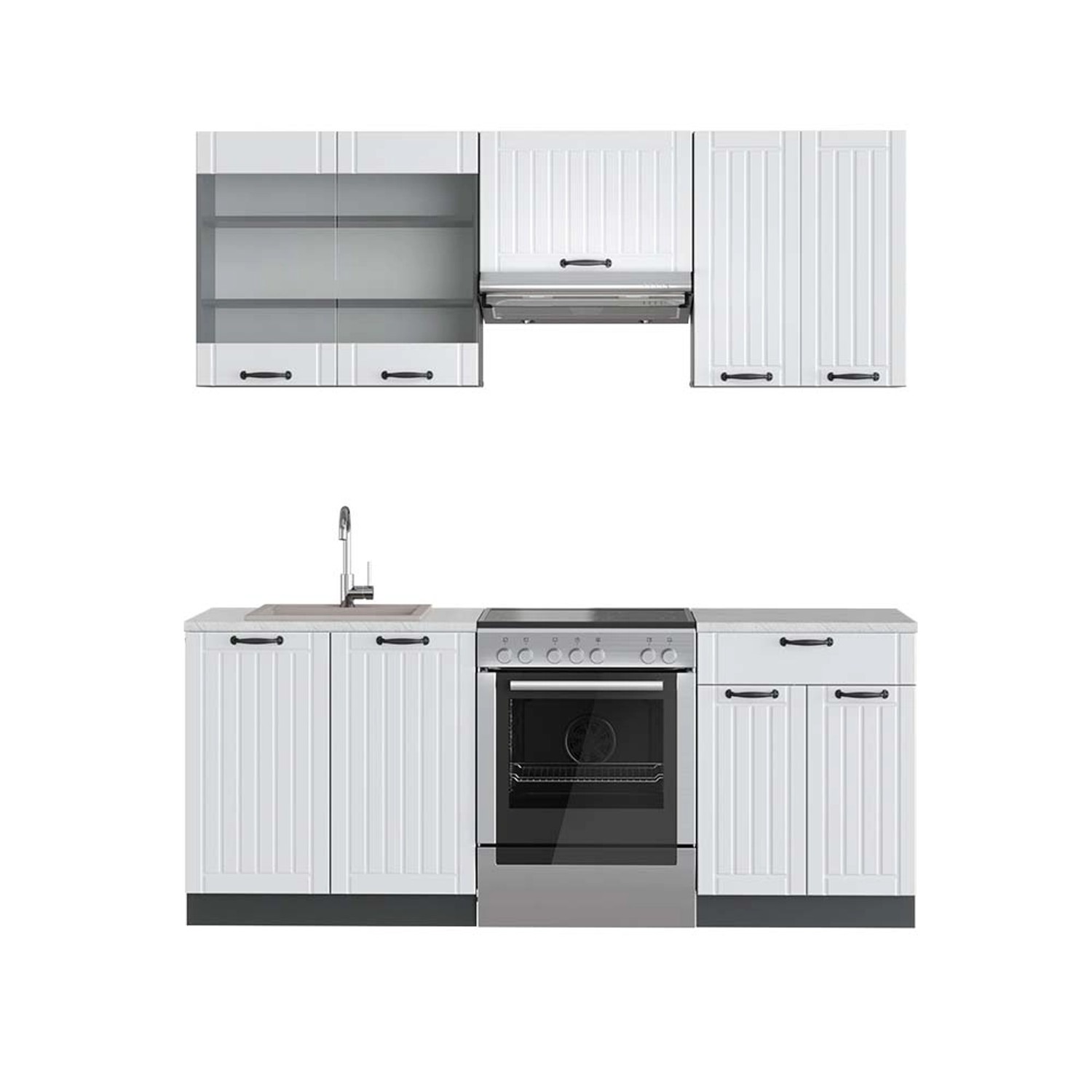 Vicco Fame-Line Küchenzeile Weiß Landhaus/Anthrazit 200 cm AP Marmor günstig online kaufen