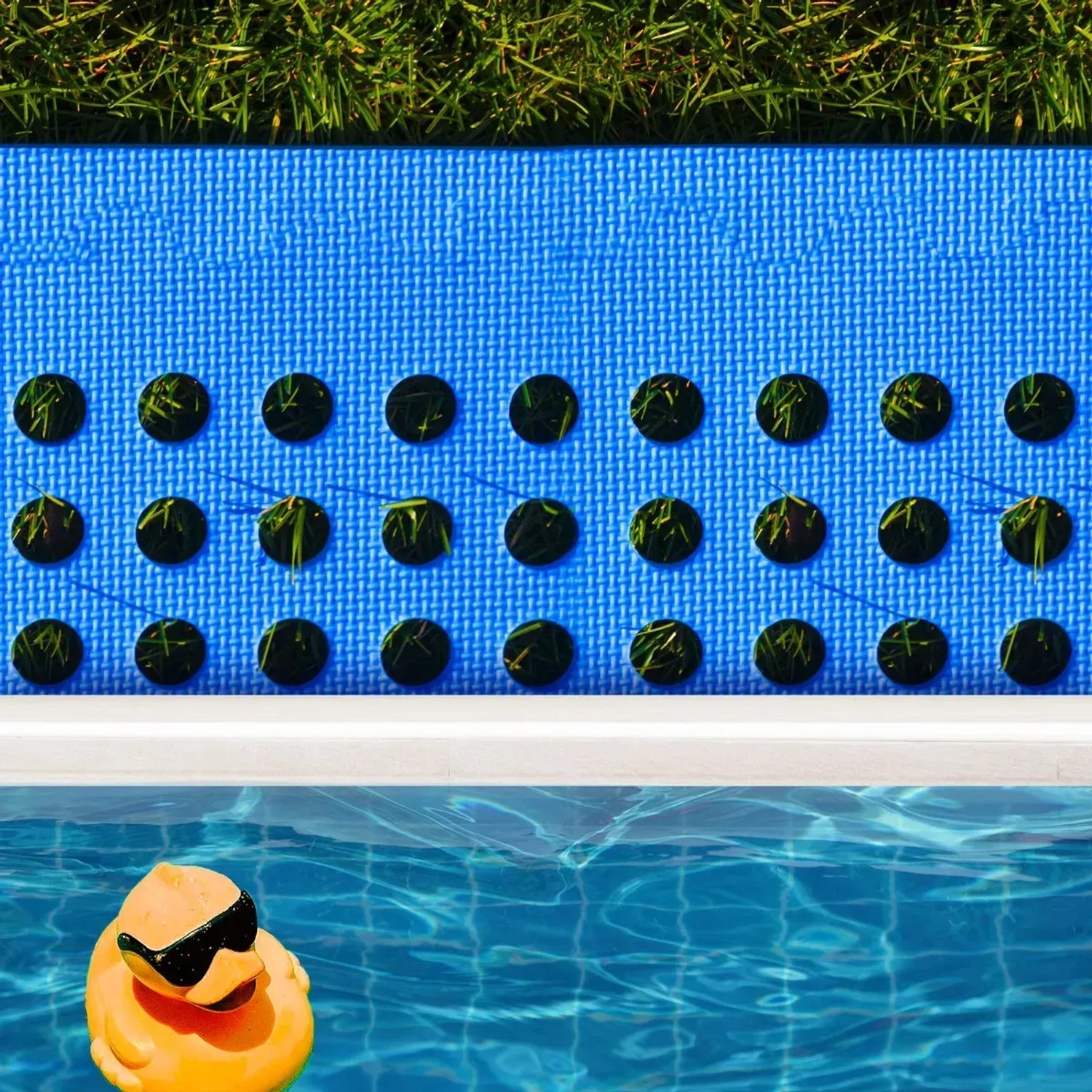 Blaues eyepower Poolmatte 44er Set (62x62 cm) mit Rasenresten und gelber Gummiente im Pool.