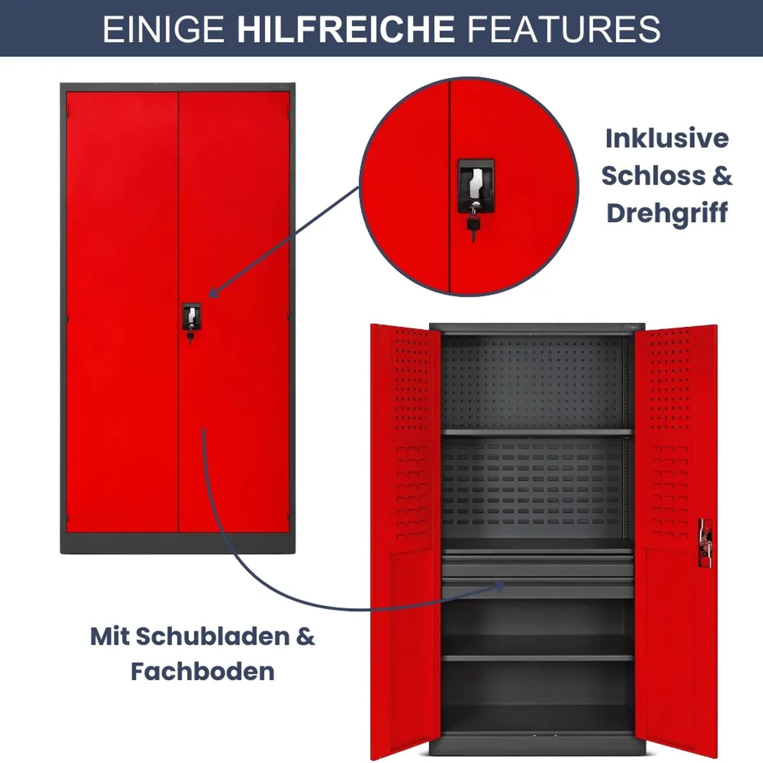 DELUKE Werkzeugschrank, anthrazit-rot, mit Lochwand, Schubladen und Einlegeböden. Werkstattschrank aus Stahl.