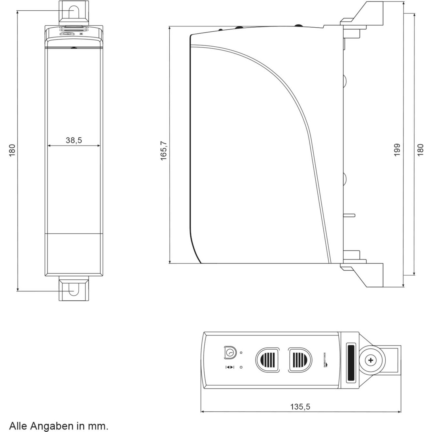Technische Zeichnung des Schellenberg RolloDrive 35 Rollladenantriebs mit Maßen.