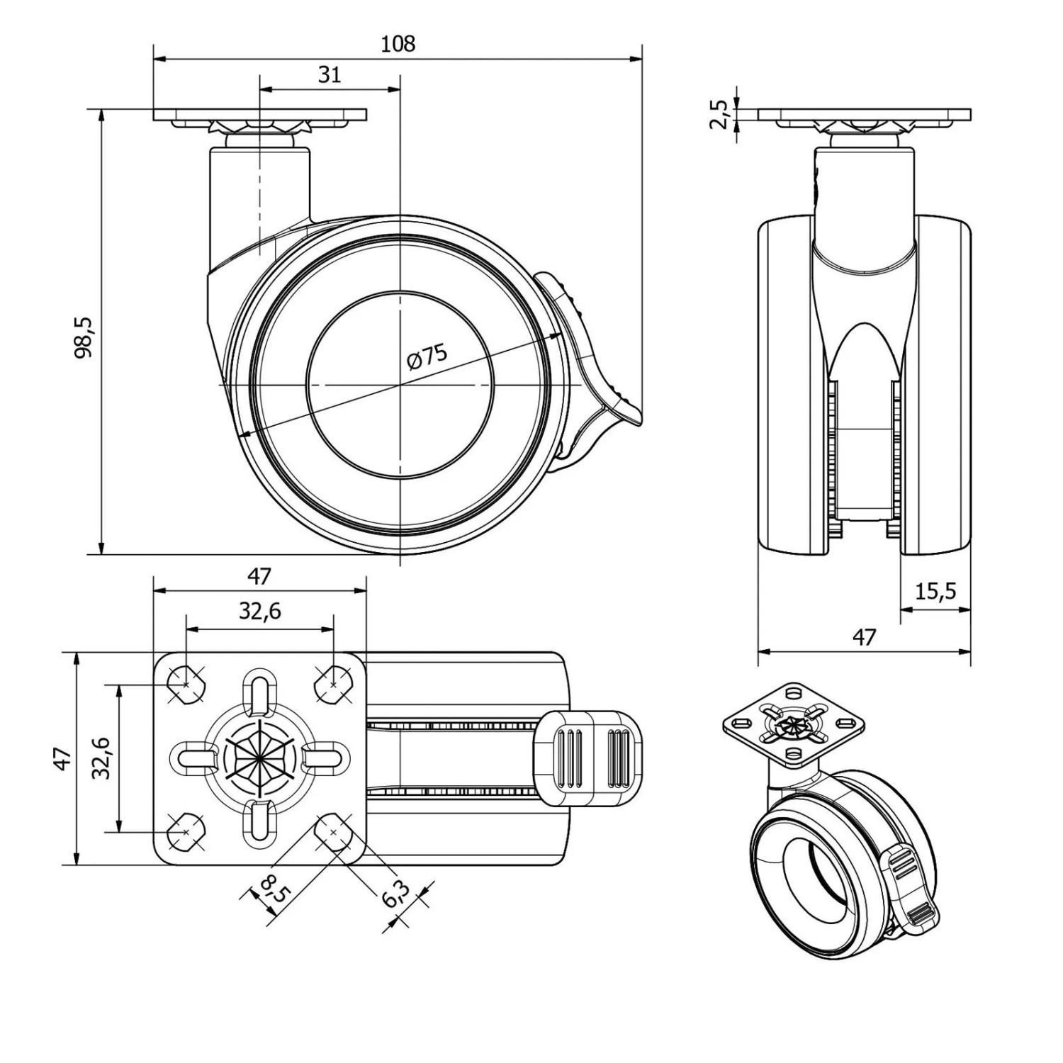 Technische Zeichnung: SOTECH Möbelrolle DÜSSELDORF Ø75mm, Chrom/Schwarz, mit Maßen und Details.
