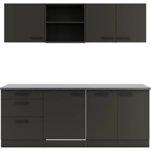 Anthrazitfarbene OPTIFIT Küchenzeile Madrid420, 210 cm breit, ohne Elektrogeräte. Modernes Design mit Ober- und Unterschränken.