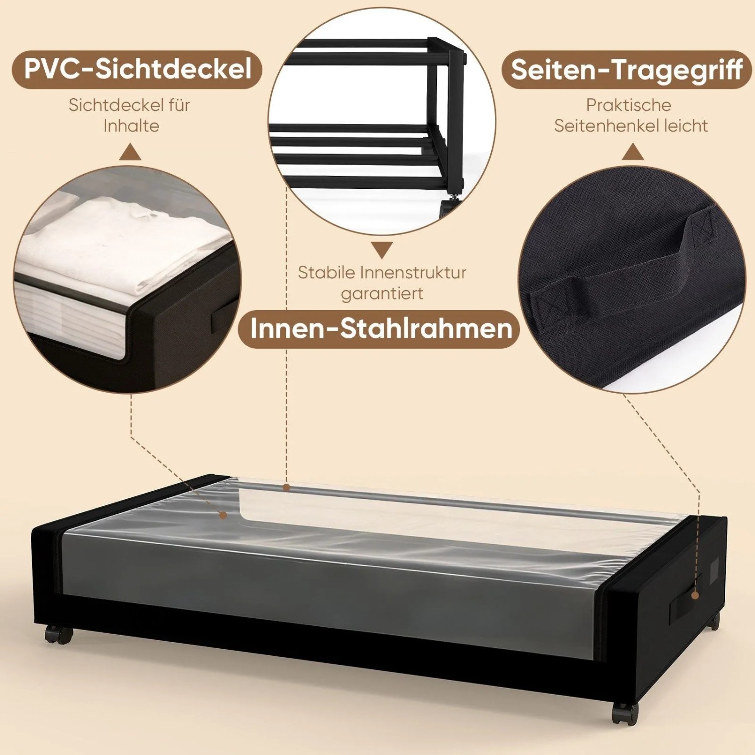 Schwarze Unterbett Aufbewahrungsbox mit transparentem PVC-Deckel, Rollen, Tragegriffen und stabilem Innen-Stahlrahmen.