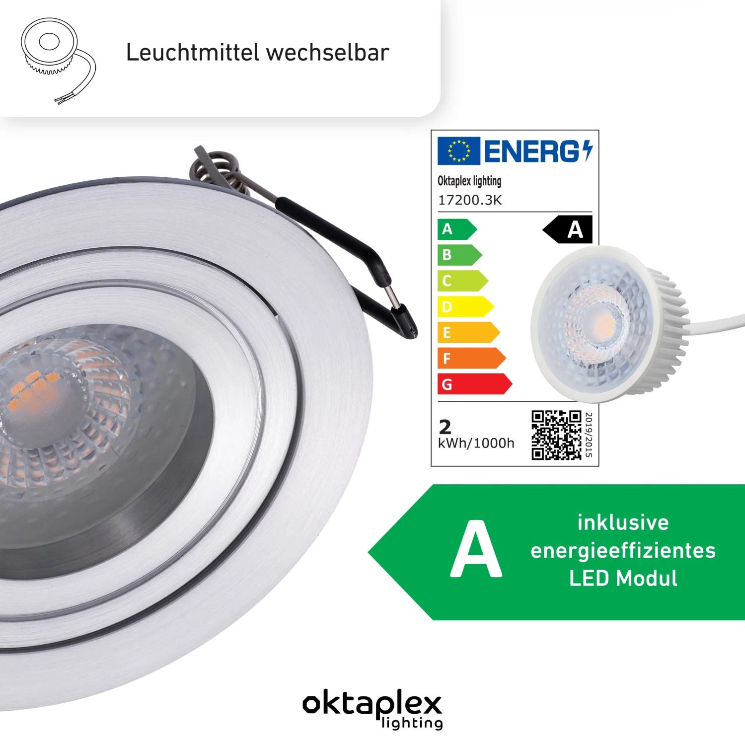 Oktaplex runder, silberner LED Einbaustrahler aus Aluminium, schwenkbar, warmweiß 3000K, 345lm. Energieeffizienz A.