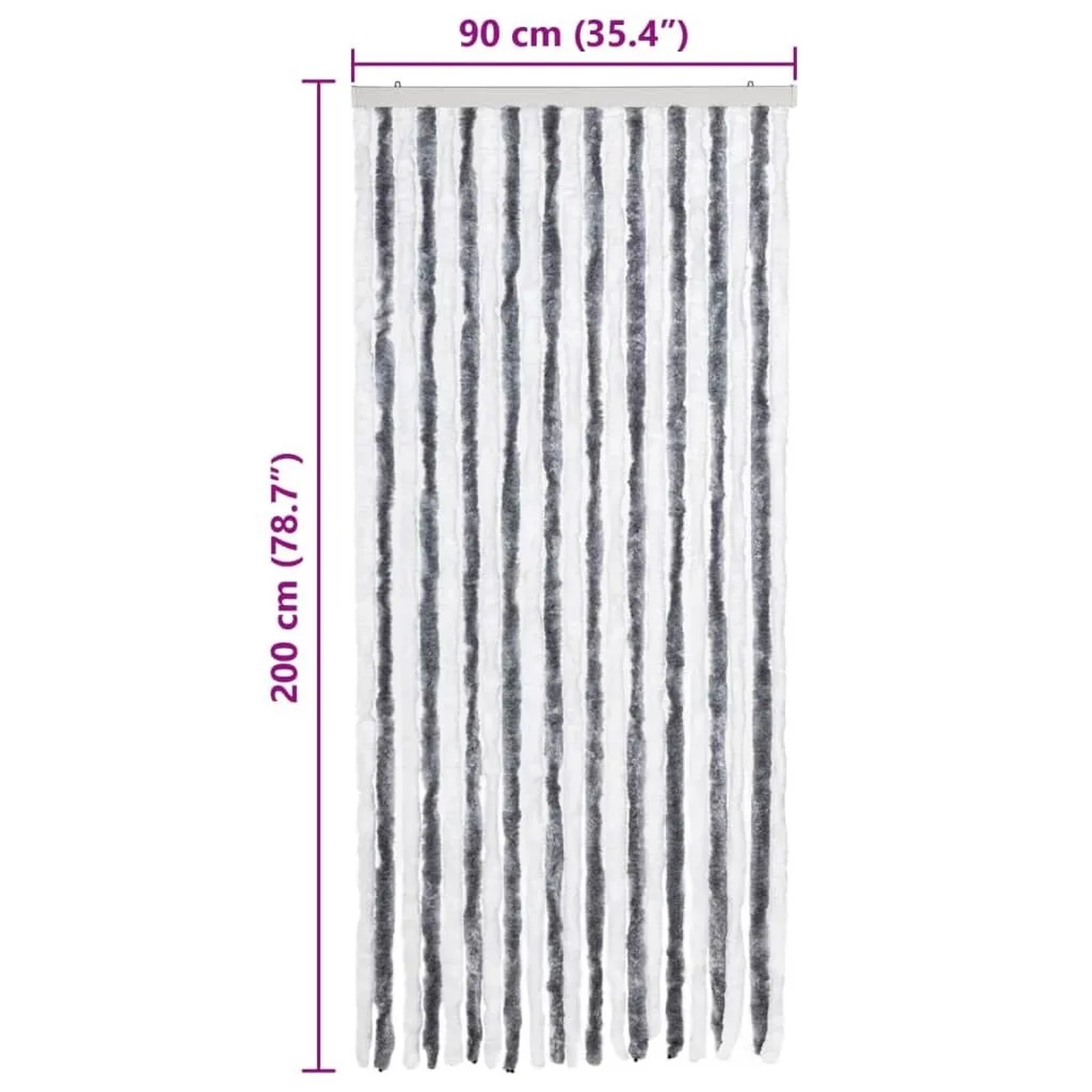 Grau-weißer Insektenschutz-Vorhang aus Chenille, 90x200 cm, mit vertikalen Streifen. Für Türen.