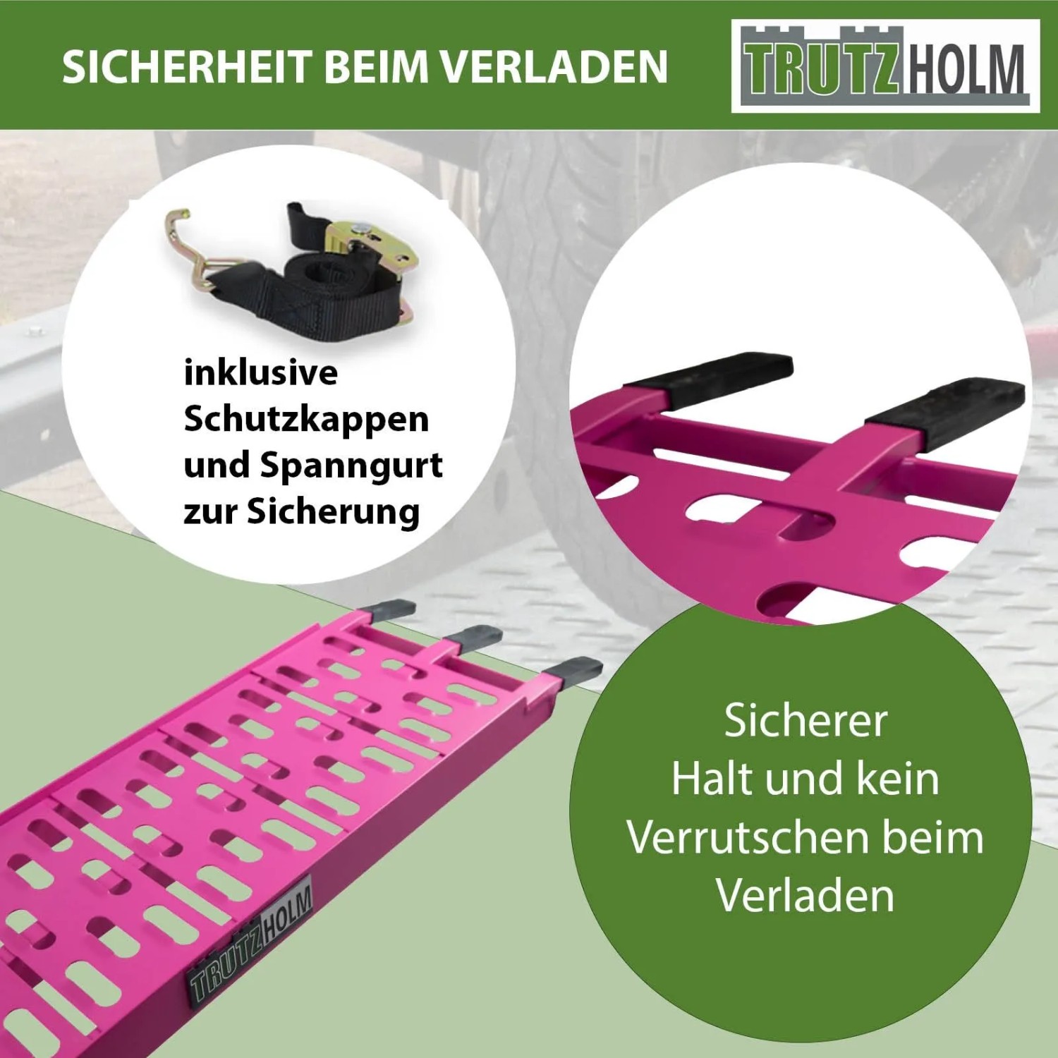 TRUTZHOLM Auffahrrampe, klappbar, pink, mit Spanngurt und Schutzkappen für sicheres Verladen.