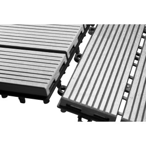 Graue Florco WPC Klickfliese aus Kunststoff/Holz (6 Stk/VPE), verbunden.