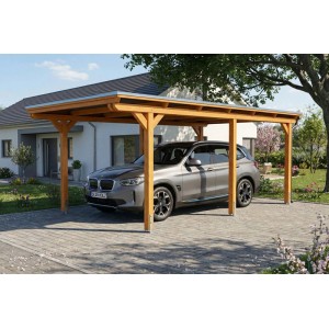 Skan Holz Carport Emsland aus hellem Eichenholz mit Flachdach und Stahlplatten, schützt ein Auto vor dem Haus.