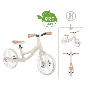 Taupe Globber Go Bike Elite Laufrad für Kinder mit 10 Zoll TPE-Reifen, höhenverstellbarem Sattel und werkzeuglosem Aufbau.