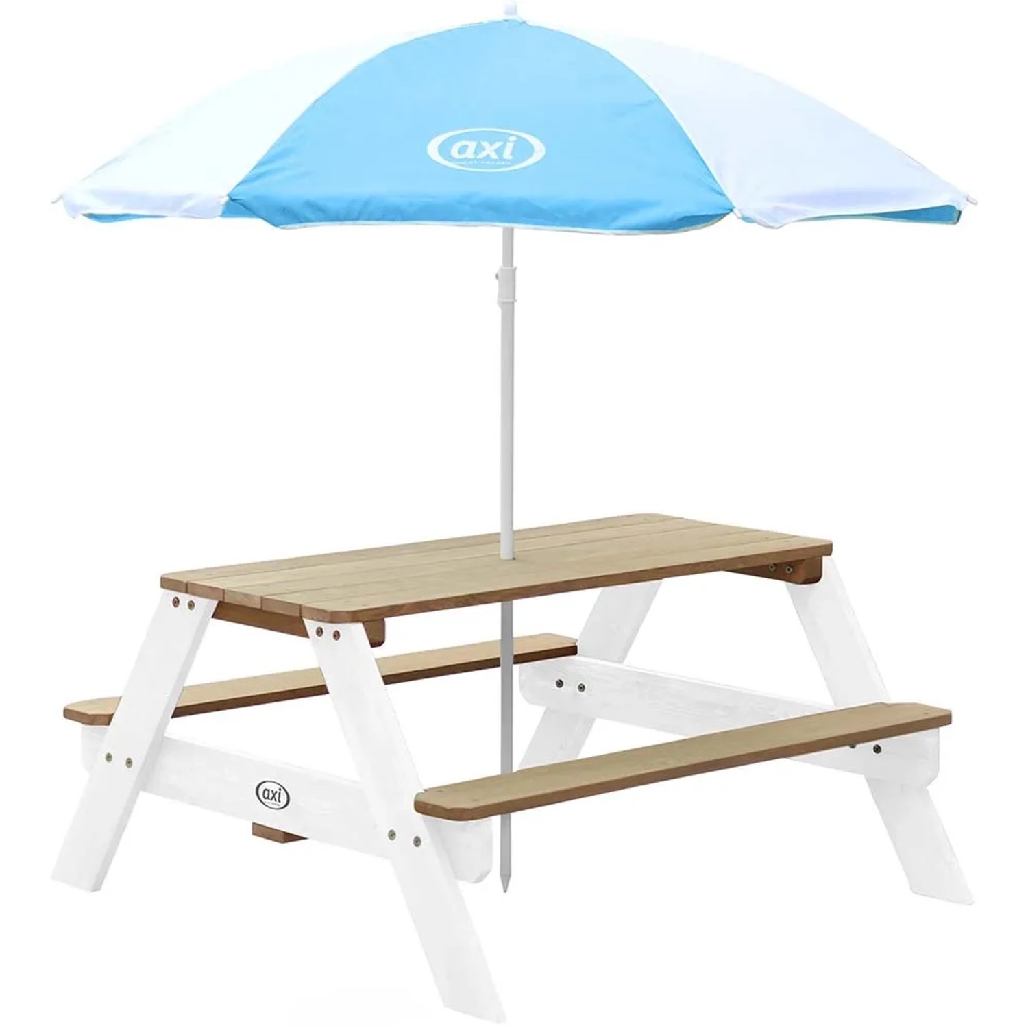 Axi Sonnenschirm blau-weiß (Ø 125cm) über Kindersitzgruppe. Optimaler Schutz beim Spielen im Freien.