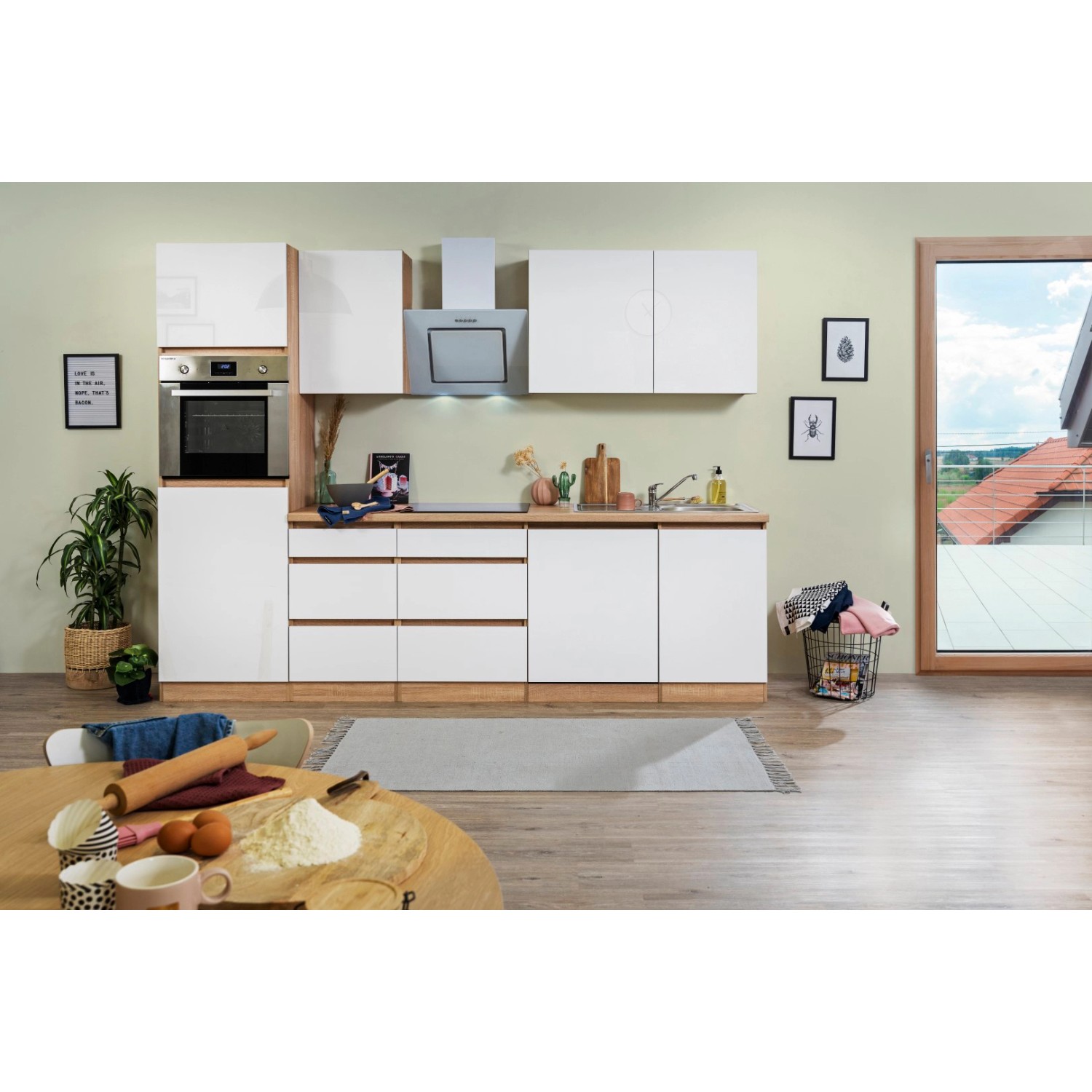 Respekta Küchenzeile/Küchenblock ohne E-Geräte 280 cm Grifflos Weiß Hochglanz-Eiche Sägerau