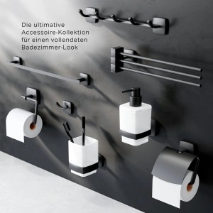 AM.PM Handtuchhaken-Set Gem Schwarz mit Bad-Accessoires an dunkler Wand.