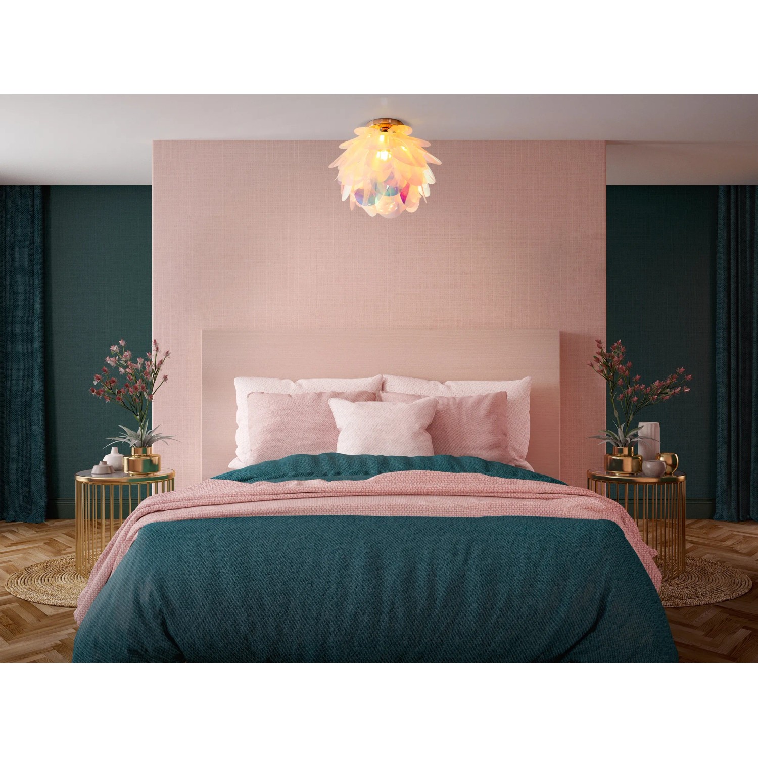 Näve Deckenleuchte Fora, 40 cm, irisierend, im Schlafzimmer über einem Bett.