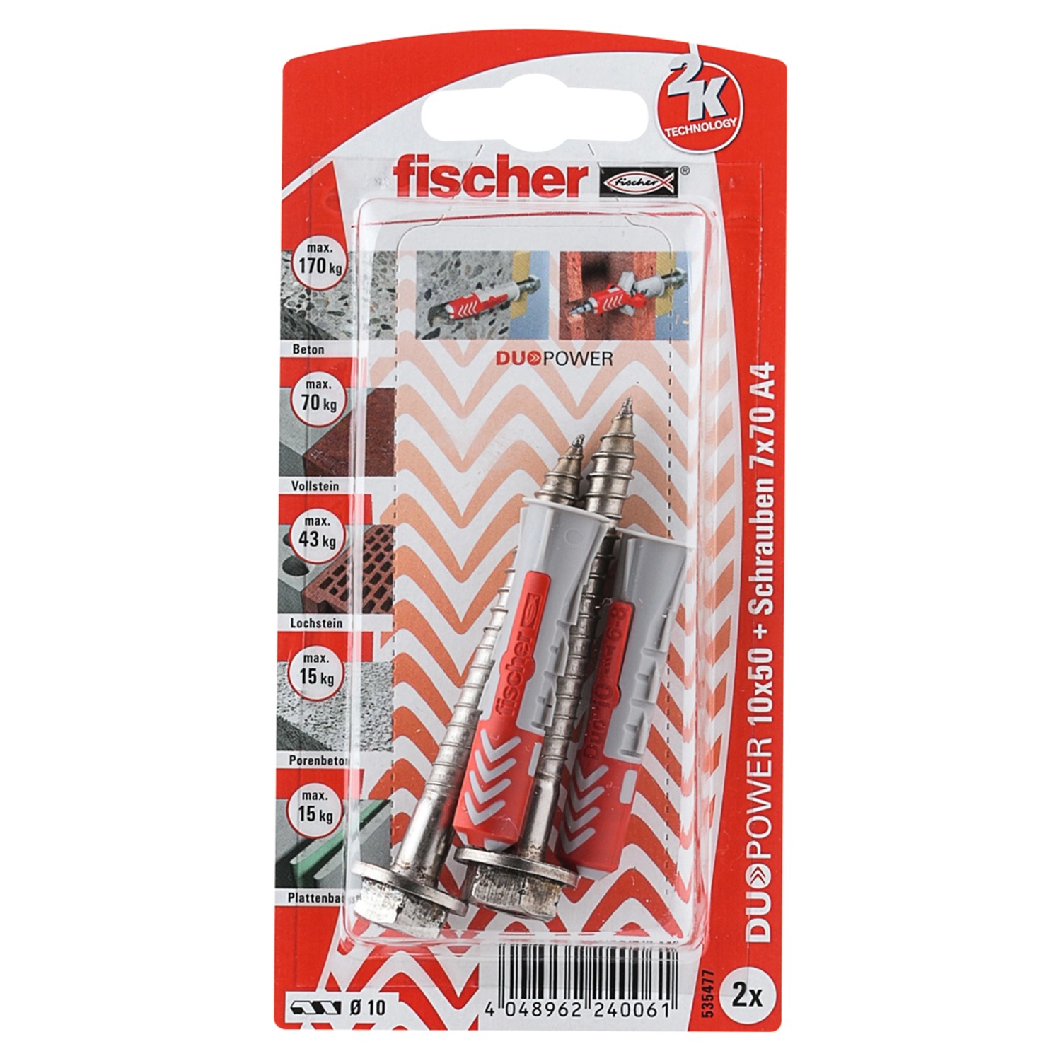Thumbnail - Fischer Dübel DuoPower Ø 10 mm x 50 mm S A4 K 2 Stück mit Schraube A4