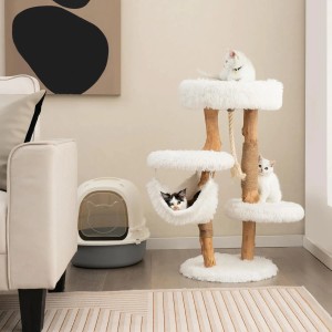 Weißer Costway Katzenkratzbaum (87cm) mit Liegeflächen und Hängematte, genutzt von drei Katzen.