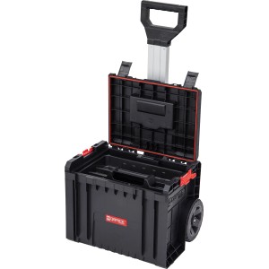 Qbrick System Pro Cart Werkzeugbox mit Rädern und Teleskopgriff, geöffnet.
