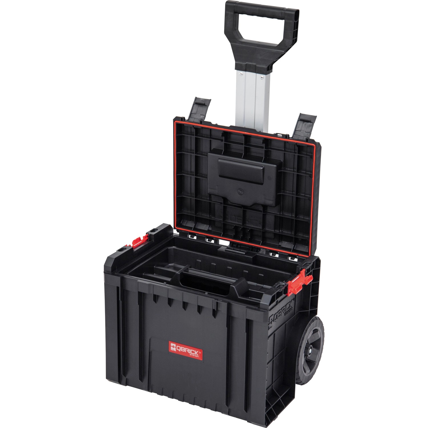 Qbrick System Pro Cart Werkzeugbox mit Rädern und Teleskopgriff, geöffnet.