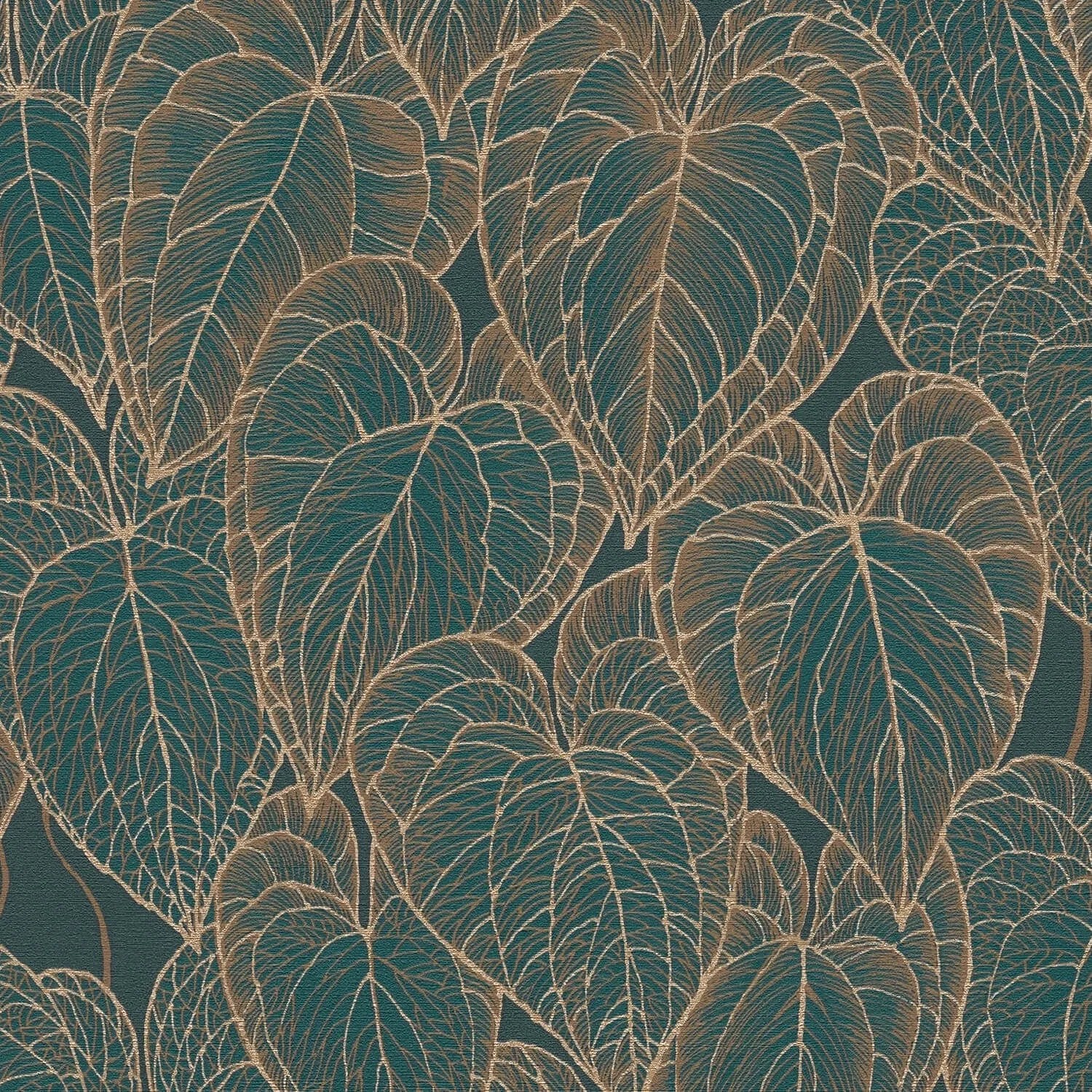 Schimmernde Floral Tapete in Braun, Grün und Gold. Dekorative Vliestapete mit Blättern.