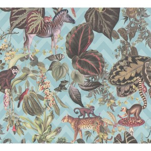 Michalsky Living Vliestapete mit Dschungelmotiv in Türkis, Grün und Braun mit Zebra, Affen, Leopard und Pflanzen.