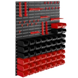 Tectake Kleinteilemagazin mit 56 Boxen (rot/schwarz) und Wandplatten, zur Werkzeugaufbewahrung.
