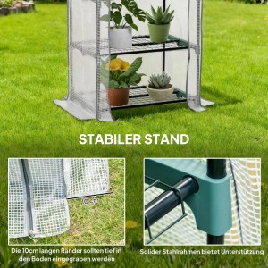 Weißes Mini-Gewächshaus mit 4 Regalfächern für Jungpflanzen im Garten.