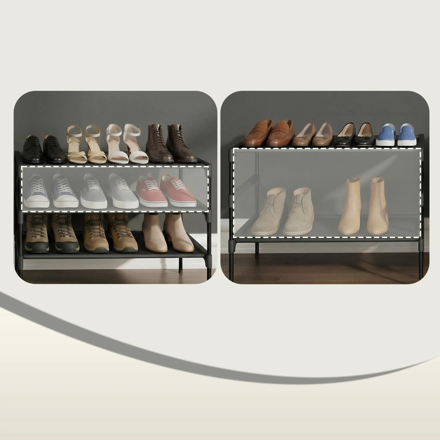 Songmics Schuhregal, 3 Ebenen, schwarz, mit Schuhen in verschiedenen Ausführungen.
