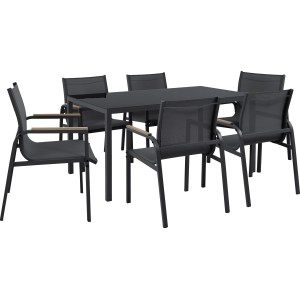 7-teilige Esstischgruppe Kulina mit anthrazitfarbenem Stahlgestell und Glasplatte, inklusive 6 Stühlen mit Textilene-Bespannung.