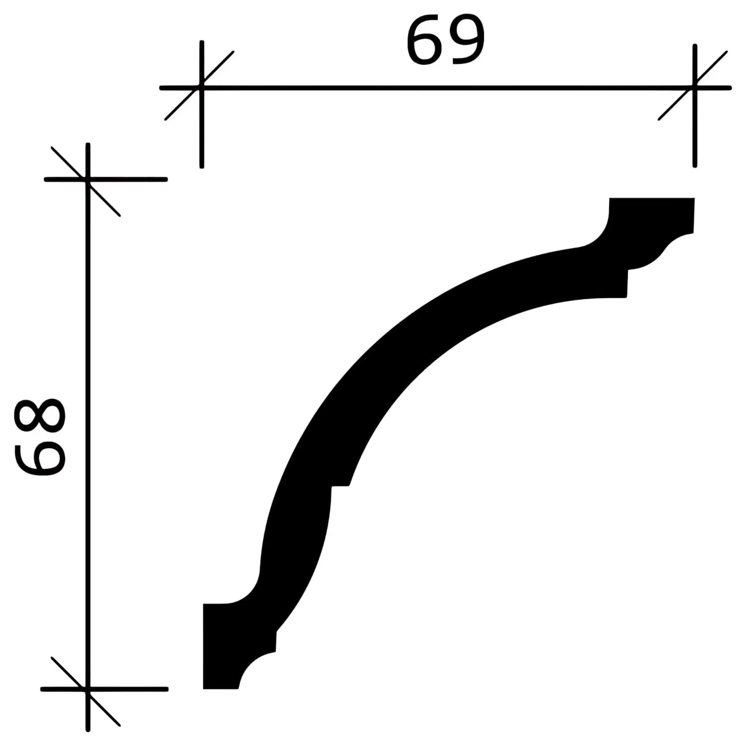 Technische Zeichnung einer weißen PROFHOME Eckleiste (68x69mm) im 14er Set (28m).