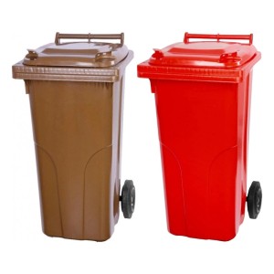 PROREGAL Mülltonnen-Set: 2 Mülltonnen (120L) in Braun und Rot aus HDPE-Kunststoff mit Rädern.