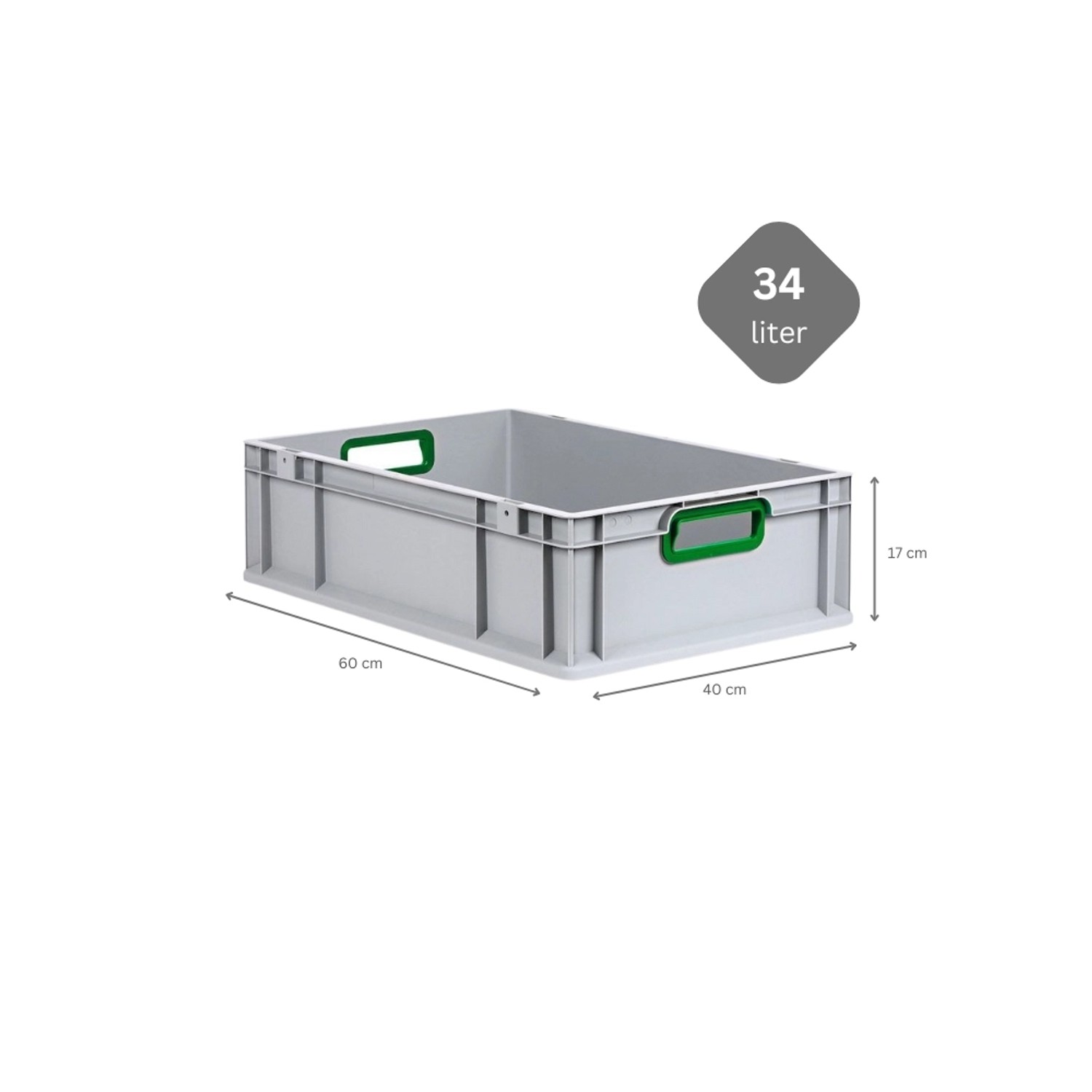 Graue PROREGAL Eurobox 40x60x17cm, 34 Liter, mit grünen Griffen. Ideal als Transport- und Aufbewahrungsbox.