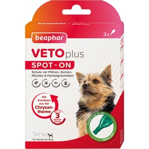 Beaphar VetoPlus Spot-On für Hunde bis 15kg, 3er-Packung zum Schutz vor Zecken und Flöhen.