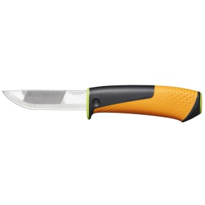 Fiskars Hochleistungsmesser mit Holster und Messerschärfer, Klinge aus Stahl, Griff orange/schwarz.