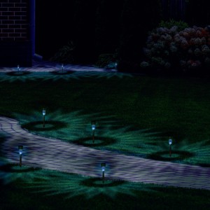 Stimmungsvolle Solar-Gartenlampen im 8er Set aus Edelstahl und Kunststoff beleuchten einen Gartenweg.