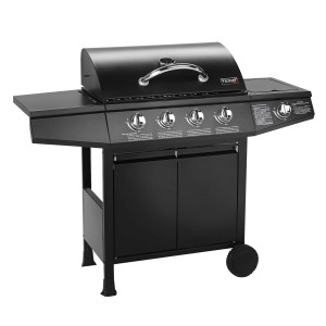 Schwarzer Taino Basic 4+1 Gasgrill mit 4 Edelstahlbrennern und Seitenkocher.