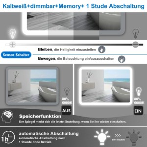 Infografik zum Aica Sanitär Badspiegel 160x80 cm mit LED, Sensor, Dimmfunktion und Memory-Funktion.