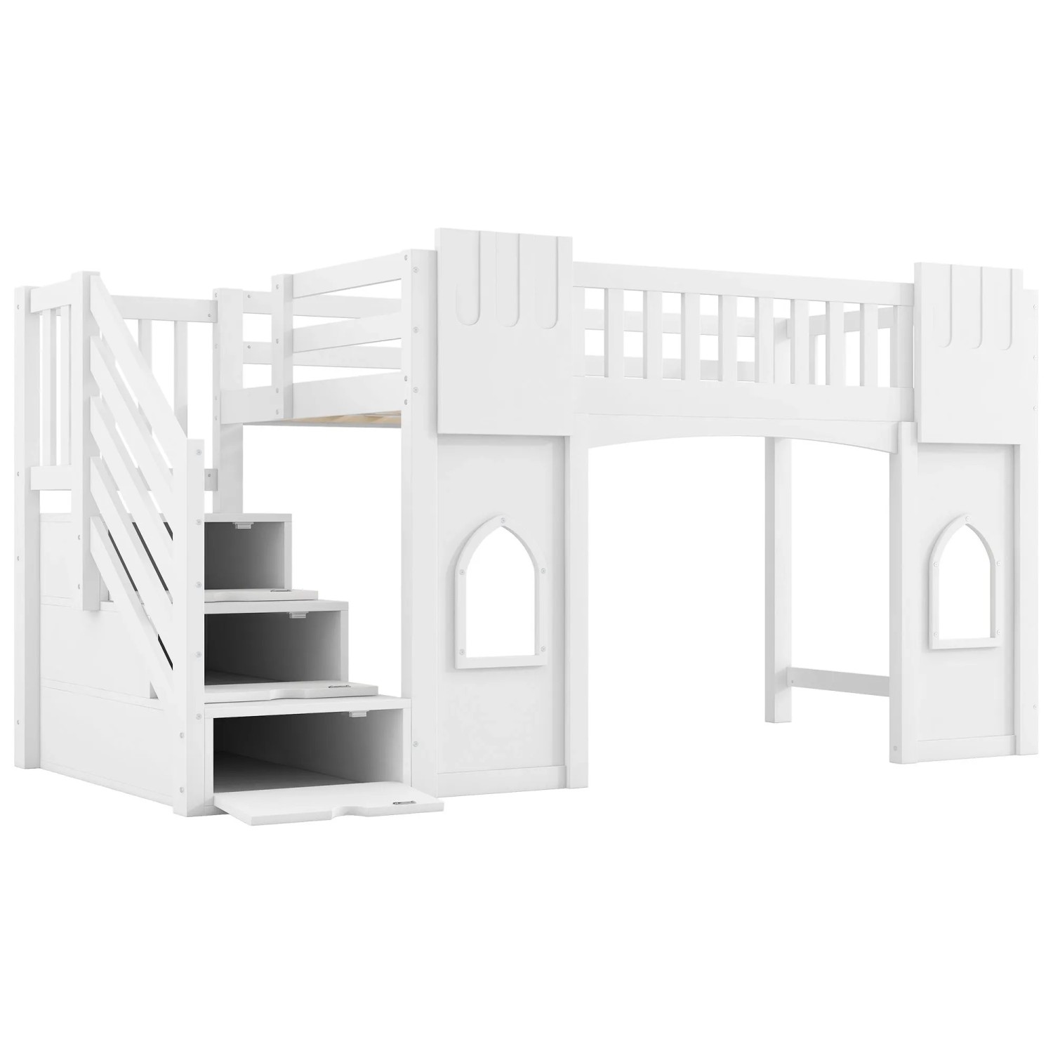 okwish Hochbett 90x200cm mit Stauraumtreppe und Fenster Weiß ohne Matratze