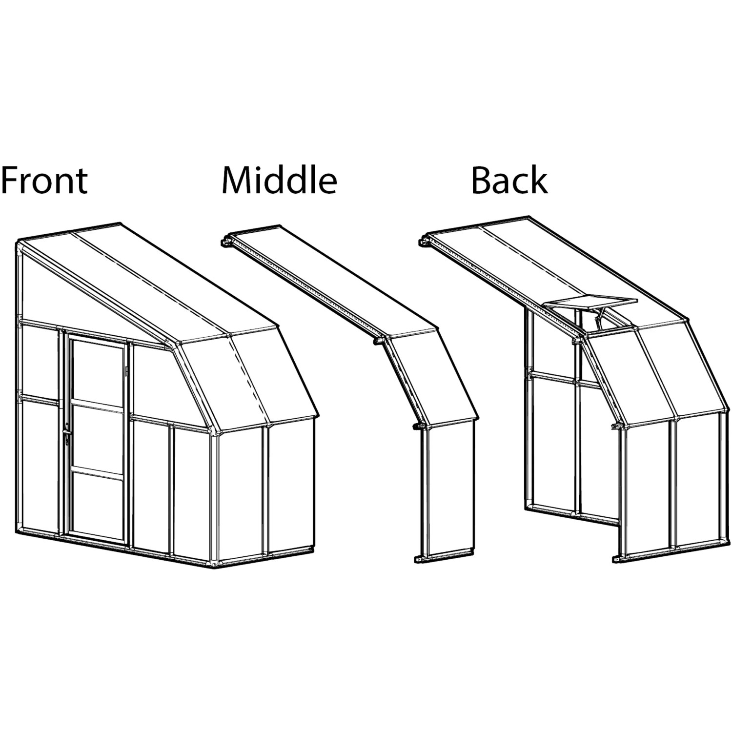 Skizze des Palram Canopia Gewächshauses Sun Room, weiße PVC Rahmen, Polycarbonat Dach, verschiedene Ansichten.